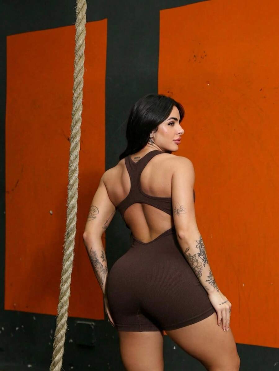 Ribbed Sports Jumpsuit For Gym/Yoga, Seamless, High Waist YI-60 - 咖啡棕 - 查看 1