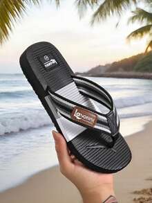 Men's Striped Outdoor Woven Fabric Flip Flops, Lightweight Soft Sole Slip-On Beach Sandals, Spring/Summer - Black - View 5