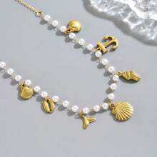 1pc Starfish & Shell Faux Pearl Necklace, Bohemian Style Beaded Necklace, Beach Hawaii Holiday Accessory - Gold - View 3