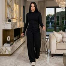 Women's Lanzinha Set - Wide-Leg Pants - Winter Fashion - Cold Weather - Wide-Leg Pants With Long-Sleeved Blouse - Black - View 1