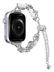 Perlenkette als Dekoration, geeignet für Uhrenarmbänder, kompatibel mit mehreren Serien (10/9/8/7/6/5/4/3/2/1/SE Ultra) und Größen (38-40-41-42-44-45-46-49mm), Bohemien-Stil Damen Uhrenarmband, modischer Charm-Armreif, verleiht Ihrer Smartwatch einen stilvollen Touch - Silber - Übersicht 6