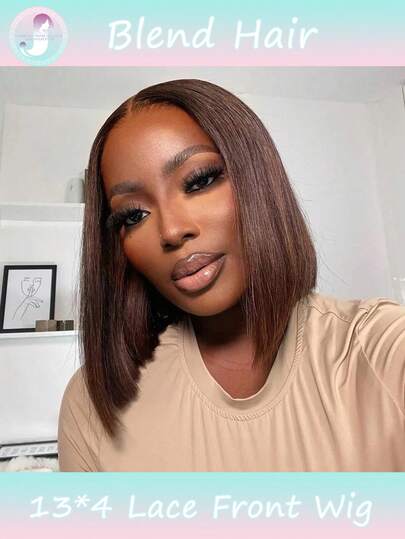 180% Chocolate Brown Short Straight Bob Wig 8-16 Inch 13x4 Transparent Lace Frontal Wigs Pre Plucked With Baby Hair Lace Front Human Blended Hair Wigs #4 Colored Wigs For Women(Blended Wigs-A Mix Of Human Blended Hair And Synthetic)Wigs Human Blended Hair/Women's Human Blended Hair Wig/Human Blended Hair Lace Front Wigs/Wigs Glueless/Bleached Knots/Pre Plucked/Lace Wig/Upgrade Your Look/Confidence Boost/Perfect Gift