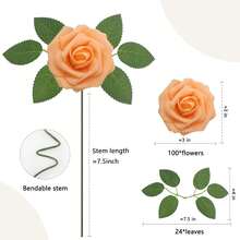 Artificial Flowers  50 Flowers With 12 Leaves  Simulated Ivory Foam Fake Roses With Stems For DIY Wedding Bouquet White Bridal Shower Centerpieces Party Table Decorations Artificial Rose Flowers Fake Roses With Stems Real Touch Foam Flowers For DIY Wedding Bouquet Baby Shower Centerpieces Floral Arrangement Party Home Decorations - 橘色 - 查看 2