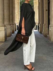Women's Solid Color Asymmetric Sleeveless Cape Top, Suitable For Office And Brunch Occasions - Black - View 9