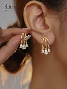 Hihho 一对时尚个性化闪亮微镶水滴方形吊坠耳环，优雅奢华，是送给朋友的理想礼物 - 金黃色 - 查看 2