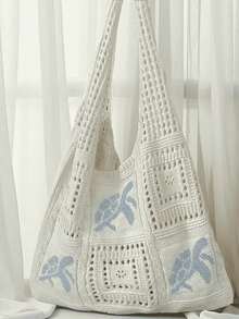 Women's Summer Beach Tote Bag - Crochet Design With Sea Turtle Pattern, Large Capacity Open-Top Tote, Beige Polyester, Suitable For Casual Outings And Coastal Vacations, Beach Tote Bag, Travel Accessory, Bohemian Fashion, Woven Texture, Spacious Tote Bag, Essential For Vacation, Ideal For Work, Back To School , Bohemian Outfit For Women , Beach Bag , Crochet, - trắng - Xem 2