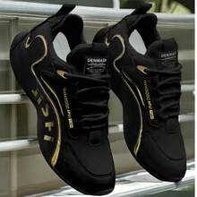 Zapatillas deportivas de caña baja de moda en color negro con detalles dorados, forro de tela transpirable y suela exterior de PVC resistente, adecuadas para uso casual y deportivo - Negro puro - Ver 3