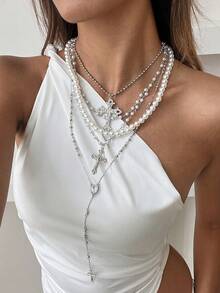 4pcs Set Vintage Gold Metal Cross & Virgin Mary Pendant Y-Necklace, Multilayer Pearl Beaded Necklace, Suitable For Women's Daily And Holiday Wear, Festival Gift - Silver - View 5