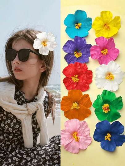 10个/套夏威夷花朵发夹，女孩芙蓉花和莲花发夹，时尚人造花发夹，夏季沙滩派对发饰，波西米亚风布艺发夹套装，优雅女孩发夹，夏季女孩发饰，送给女孩的绝佳礼物，情人节折扣套装，发夹，发卡，头饰，发卡