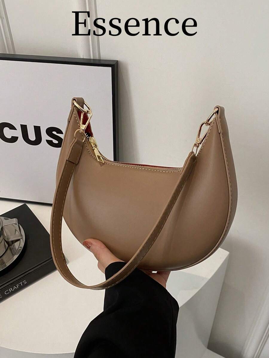 1 件咖啡棕色拼色新月形 PU 女士单肩腋下手提包，时尚简约设计，秋冬