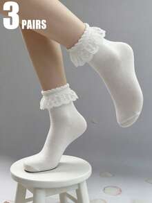 1/3/5 pares de calcetines de media caña blancos con volantes y estampado de estrellas, versátiles y lindos para mujer, nuevos lanzamientos para primavera/verano/otoño - Blanco - Ver 14