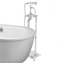 Sweetmile Freestanding Bathtub Faucet Floor Mount Tub Filler With Double Cross Knobs Spout High Flow Floor Standing Bathtub Shower Trumpet Shape Handheld Spray Brushed Nickel - Silver - View 3