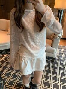 Star Pattern Lace Long Sleeve Undershirt, Versatile Mesh T-Shirt For Summer (Random Star Design) White Casual - White - View 1
