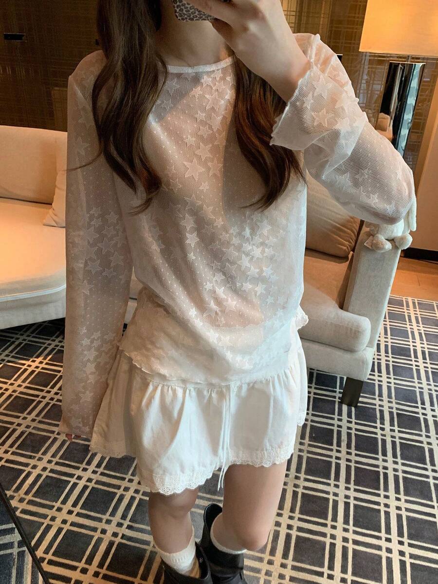 Star Pattern Lace Long Sleeve Undershirt, Versatile Mesh T-Shirt For Summer (Random Star Design) White Casual - White - View 1