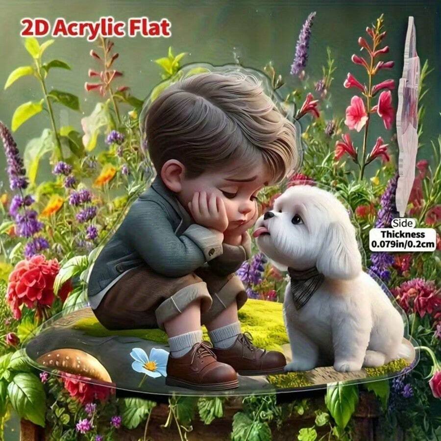 Nouvelle décoration de jardin extérieur en acrylique 2D en forme de chien embrassant son propriétaire, pour piquet de jardin - A - Voir 1