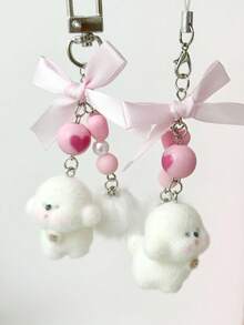1个植绒小狗小猫玩偶包包挂件钥匙扣，可爱泰迪熊女孩礼物，手机挂绳吊坠 - 白粉紅色 - 查看 2