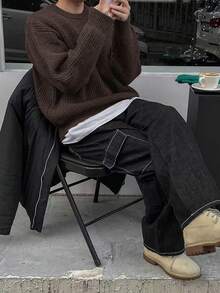 Lightweight, Warm Knit Pullover Sweater, Loose Fit, Polyester Fabric, Casual, Collegiate Style, Unisex Design, Long Sleeve, Drop Shoulder, Minimalist Crew Neck, Suitable For Autumn And Winter - Brown - View 3