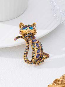1pc Cute Retro Golden Cat Brooch With Sparkling Rhinestones, Suitable For Daily Wear, Dates, And Parties - Multicolor - View 2