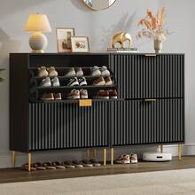SICOTAS Fluted Shoe Cabinet Storage For Entryway With 2 Flip Drawers-11.8" Deep Freestanding Shoe Organizer Cabinet With 6-Tier Shelves, Large 20 Pairs Shoes Rack Cabinet For Foyer Hallway - 黑色 - 查看 2