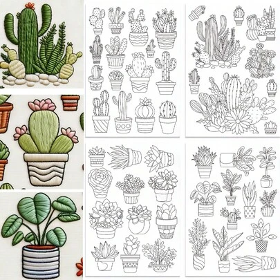 Kit de bordado autoadhesivo con cactus, papel estabilizador hidrosoluble para bordado, papel lavable para punto de cruz con flores