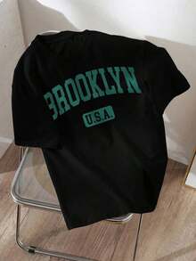 Camiseta ajustada de mujer de manga corta y cuello redondo con gráfico BROOKLYN, adecuada para el verano y para salir, informal - Negro - Ver 4