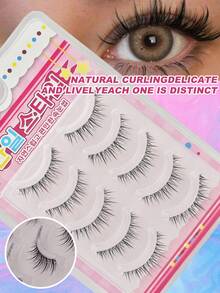 5 pares de pestañas manga de aspecto natural con banda transparente, pestañas postizas de estilo anime japonés, pestañas postizas de estilo asiático delgadas y difuminadas, pestañas postizas de maquillaje coreano, grupos de pestañas de hada - Negro - Ver 6