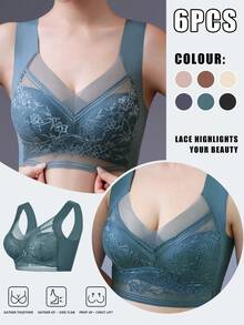 6 Pieces Women's Large Bra Gathered Soft Ice Silk Seamless Top Bra Lace No Wire Ring Summer Bra Tops Underwear - 彩色 - 查看 8