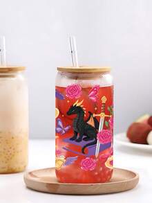 1pc Rose, Butterfly, Star, Magic Dragon Pattern Glass Cup With Lid And Straw, Drinkware, Fantasy Little Black Dragon, Ideal Gift, Souvenir, Suitable For Home And Office - Multicolor - View 3