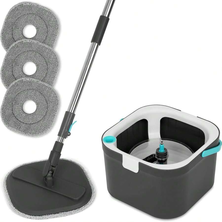 360° Square Spin Mop And Bucket System – Dual Compartment, Separate Clean & Dirty Water – 3 High-Absorbent Microfiber Washable Heads – All Types Floor Cleaning - A - View 1