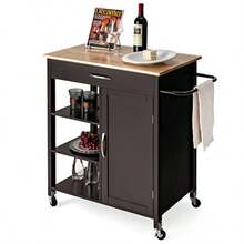 Kitchen Island With Storage Rolling Kitchen Cart With Towel Rack Storage Drawer And 3-Tier Open Shees Kitchen Island On Wheels With Rubber Wood Top 34.5 X 18.5 X 36.5 Inches Espro - 如圖 - 查看 1