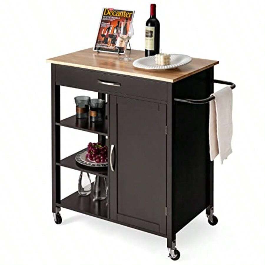 Kitchen Island With Storage Rolling Kitchen Cart With Towel Rack Storage Drawer And 3-Tier Open Shees Kitchen Island On Wheels With Rubber Wood Top 34.5 X 18.5 X 36.5 Inches Espro - 如圖 - 查看 1