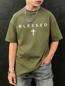 1pc Tween Boy Casual Printed Short Sleeve T-Shirt, Summer Top For Young Students - Olive Green - View 3