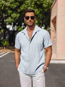 Mens Short Sleeve Linen Shirts Button Down Casual Summer Beach Tops For Daily Commute - màu xanh nhạt - Xem 2