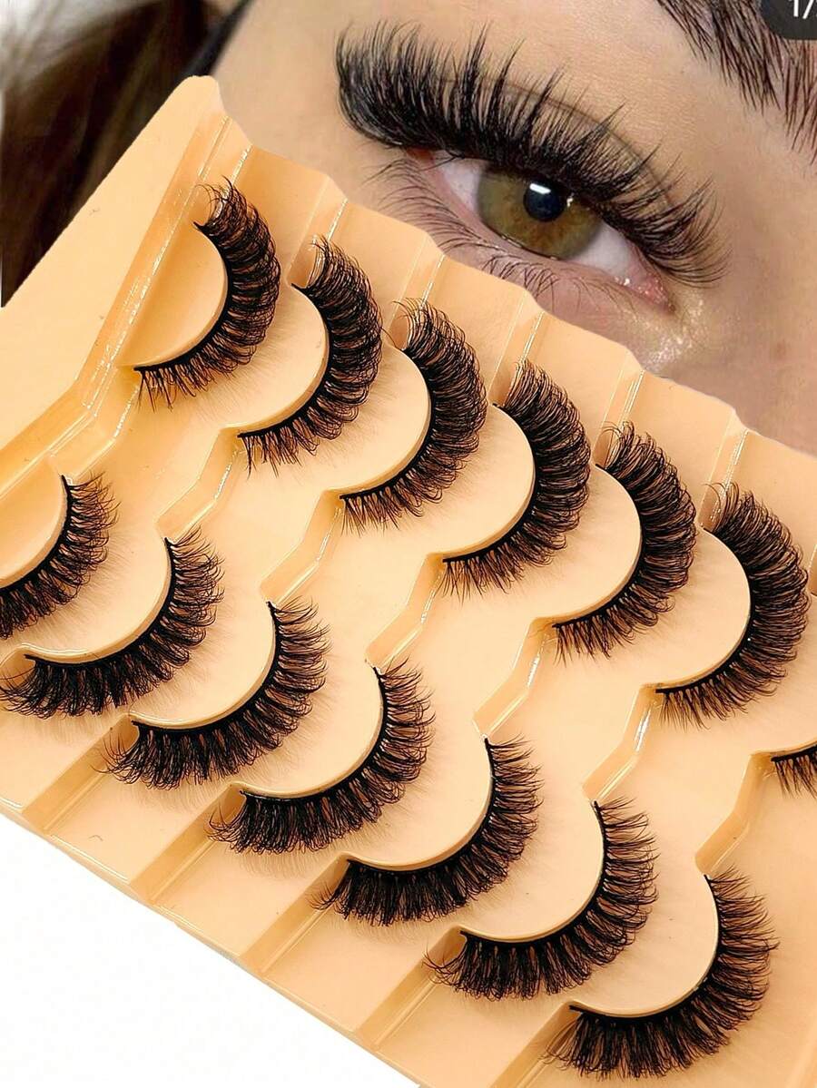7 Pairs/Set Short 3D Mink Eyelashes, Russian DD Curl, Handmade, Natural Fluffy & Thick, Full Strip Eyelashes, Wholesale Eyemakeup - Black - View 1