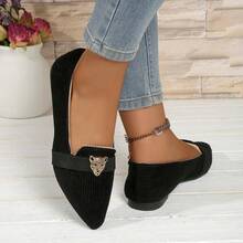 Zapatos planos de mujer con punta puntiaguda y cómodos, tipo mocasín sin cordones. Diseño de unicolor con adorno de cabeza de leopardo, adecuados para el trabajo, el transporte, el hogar y la escuela - Negro - Ver 4