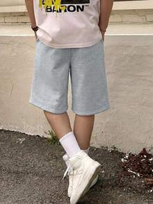 1pc Tween Boys' Casual Loose Fit Straight Leg Drawstring Bermuda Shorts, Comfortable For Summer Sports And Commuting - Light Grey - View 2