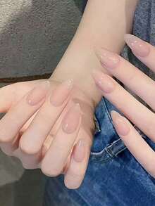 10 piezas de uñas postizas minimalistas desnudas hechas a mano, uñas acrílicas falsas ovaladas largas de color rosa transparente brillante, perfectas para uso diario y novia de boda, con pegamento de gelatina y lima de uñas, suministros de arte de uñas DIY - Champán - Ver 2