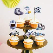 16 buah Dekorasi Cupcake Berbentuk Mobil Balap Biru, Termasuk Setir, Bendera Trofi, Helm, dll., Cocok untuk Pesta Ulang Tahun Bertema Balap. - beraneka warna - View 3