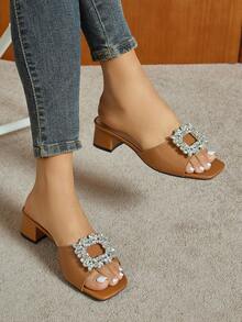 Women's Square Toe Chunky Heel Mule Sandals, Summer Breathable Slip-On Clogs, Party & Casual Wear, Open Toe Elegant Comfortable High Heel Sandals, Buckle Rhinestone Brown Beach Shoes - Brown - View 2