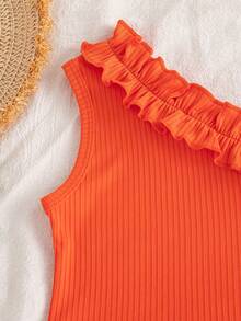 Young Girls Sleeveless Ruffle Trim Camisole Top + Sunflower Print Bow Shorts Set - Orange - View 9