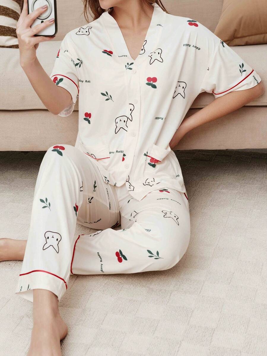 Bộ đồ ngủ nữ dáng rộng thoải mái, áo tay dài cổ chữ V và quần dài, thích hợp cho mùa xuân/thu. - Màu be - Xem 1