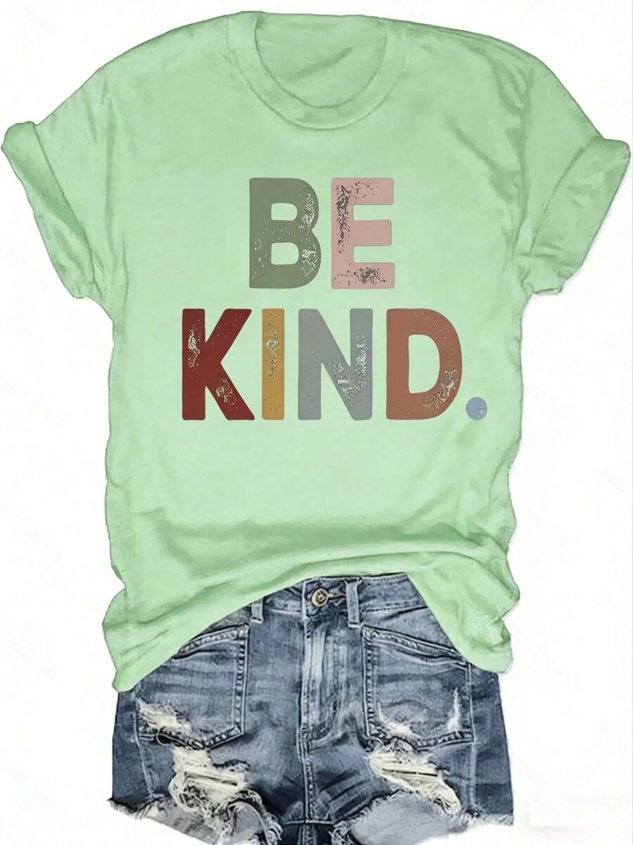 Ladies Love To Be Kind Of Printed Casual T-Shirt - Short Sleeve, Tight Collar, Spring/Summer - Light, Breathable, Stylish Wardrobe Essential - 草綠色 - 查看 1
