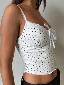 Spaghetti Strap Dot Print Crop Camisole - Lace Trim Fitted Summer Top For Party Daily - White - View 4