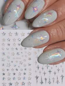 2pcs 5D Embossed Holographic Star Nail Stickers, Laser Silver 3D Star Nail Art Decals, Self-Adhesive Manicure Decorations - Silver - View 2