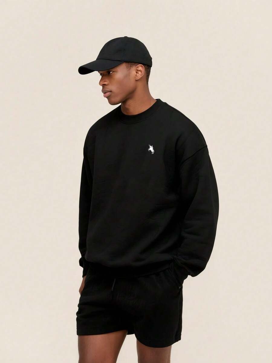 男士休闲日常通勤简约骑马印花修身圆领卫衣，春秋季 - 黑色 - 查看 1