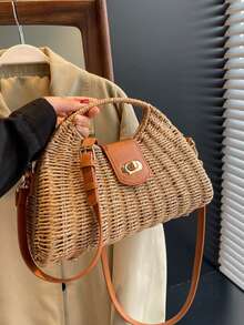 Túi rơm mùa hè, túi xách tay đan thủ công, túi du lịch dành cho nữ với dây đeo vai có thể điều chỉnh. - Màu Khaki - Xem 3