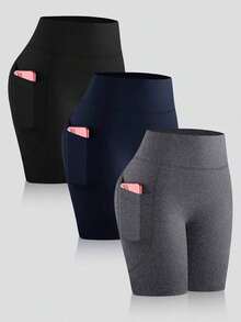 High Waist Yoga Shorts 3Pcs Set Black Gray Blue With Pockets Tummy Control Compression Stretchy Comfortable Athletic Bike Shorts For Women - Multicolor - View 2