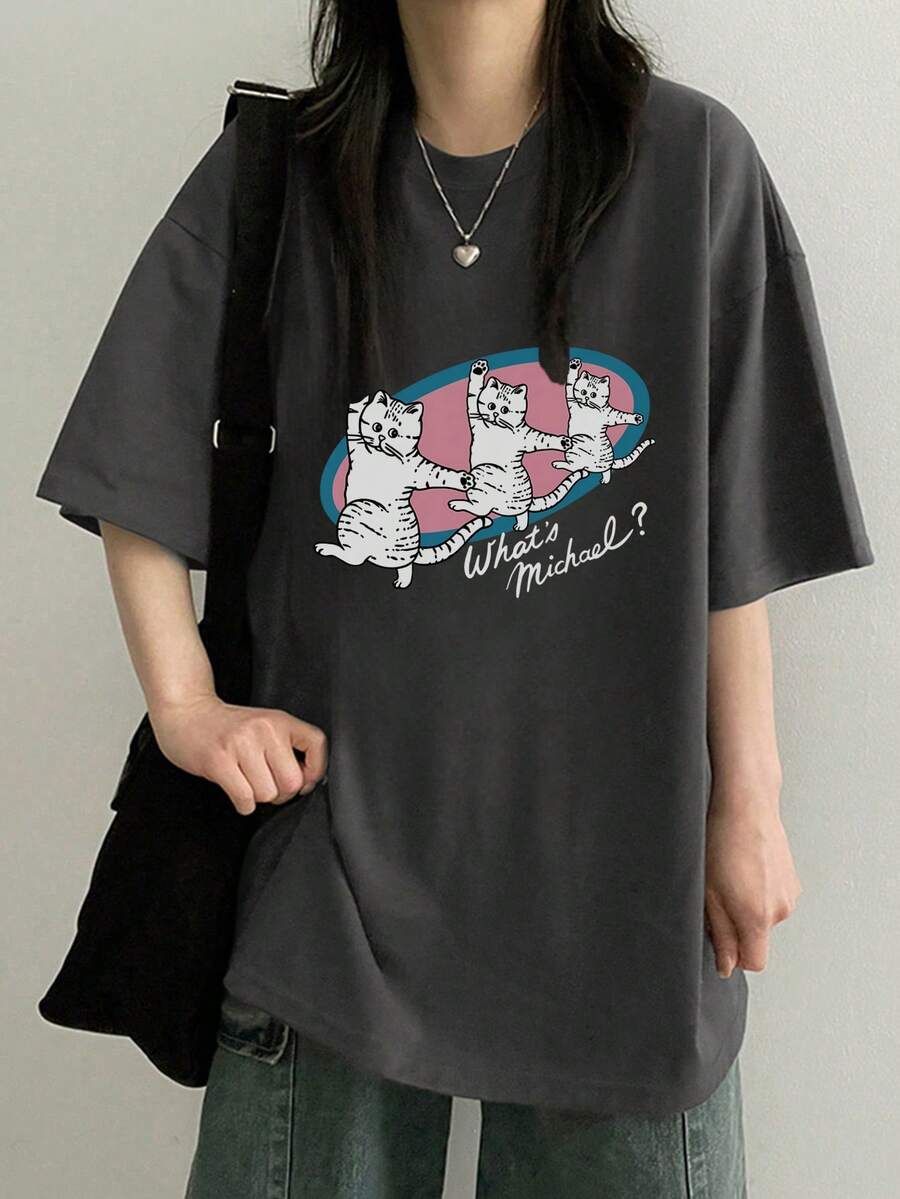 女士宽松圆领短袖字母猫咪印花T恤，春夏休闲款 - 深灰色 - 查看 1