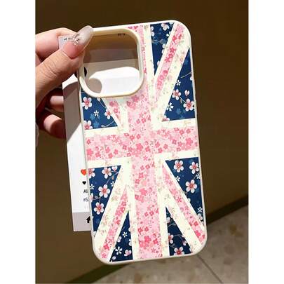 1个双色英国国旗和樱花印花手机壳，时尚英伦风皮革质感保护套，防震TPU材质，适用于 17/16/15/14/13/12/11/Pro/Pro Max/Plus，是送给情侣、家人和朋友的理想礼物。