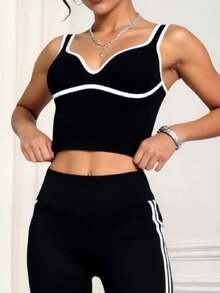 FlowZen Women's Spring/Summer New Contrast Color Trim Camisole, Y2K Sexy Slim-Fit Sporty Top, Chic & Elegant, Suitable For Daily, Casual, Streetwear, Date, Party, Music Festival, Back To School, Outdoor, Yoga, Valentine's Day - Black - View 2